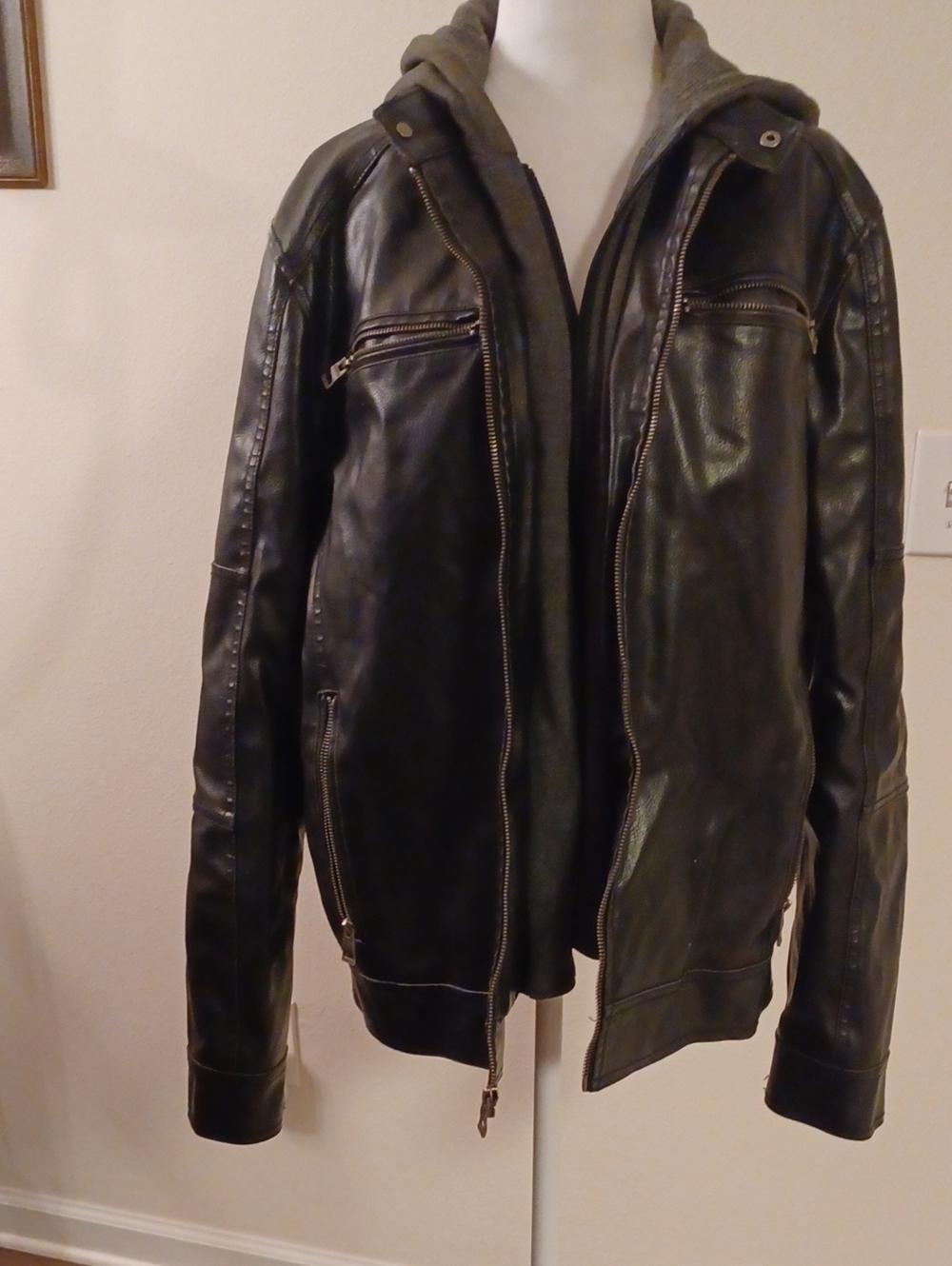> Guess Men's Black Faux  Leather Jacket with Hooded Layer